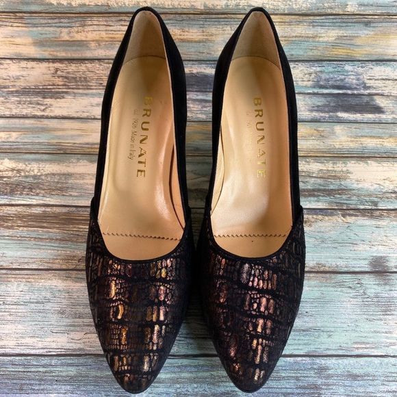 Brunate Womens Black Suede Pumps Heels Size 7-7.5M Handmade Pointed Toe Formal - Picture 4 of 13